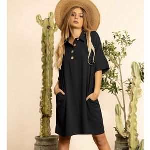 ISO Blue Buttercup Black Linen collar button dress